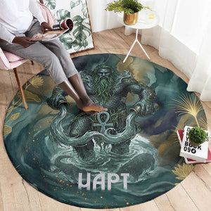 Egyptian Hapi Round Carpet God of the Nile Ankh Symbol Lotus Flowers and Sacred River Energy
