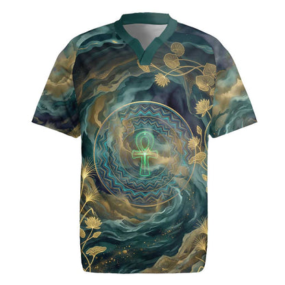 Egyptian Hapi Rugby Jersey God of the Nile Ankh Symbol Lotus Flowers and Sacred River Energy
