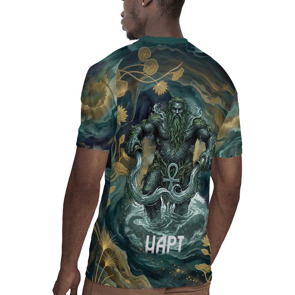 Egyptian Hapi Rugby Jersey God of the Nile Ankh Symbol Lotus Flowers and Sacred River Energy