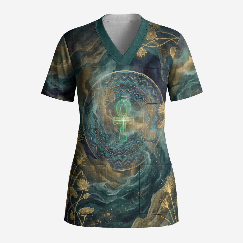 Egyptian Hapi Scrub Top God of the Nile Ankh Symbol Lotus Flowers and Sacred River Energy