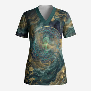 Egyptian Hapi Scrub Top God of the Nile Ankh Symbol Lotus Flowers and Sacred River Energy