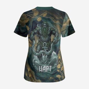 Egyptian Hapi Scrub Top God of the Nile Ankh Symbol Lotus Flowers and Sacred River Energy