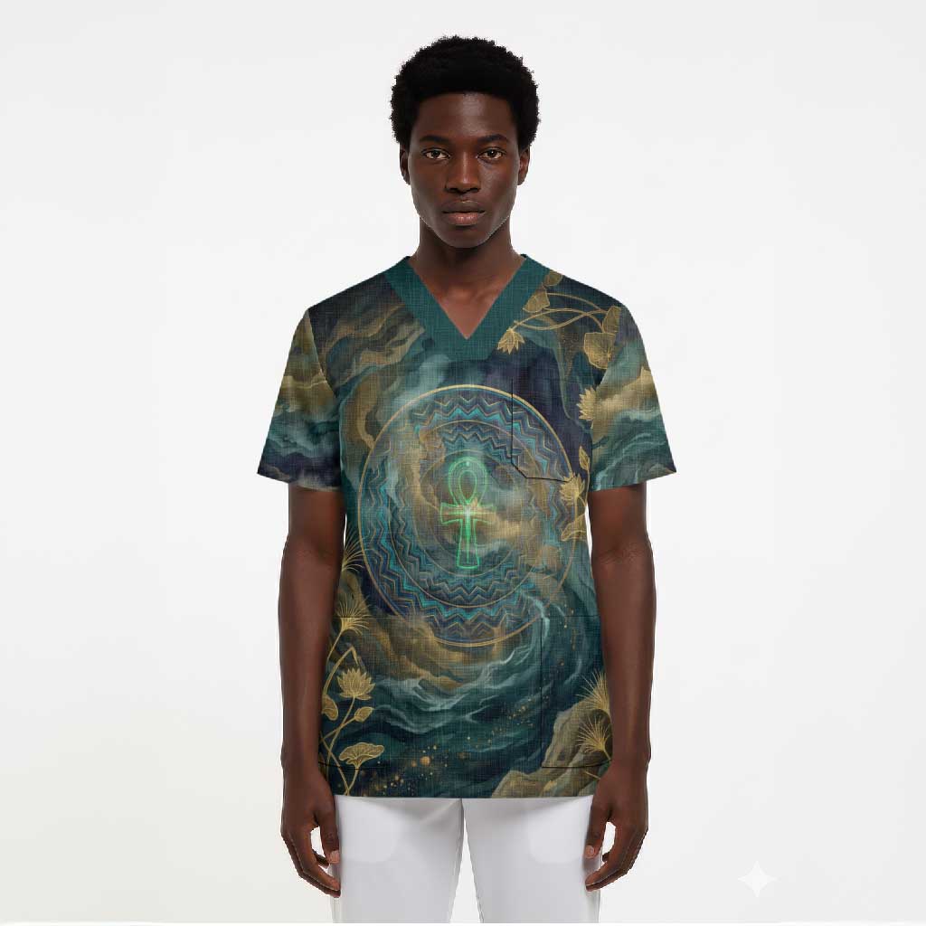 Egyptian Hapi Scrub Top God of the Nile Ankh Symbol Lotus Flowers and Sacred River Energy