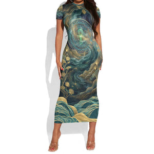 Egyptian Hapi Short Sleeve Bodycon Dress God of the Nile Ankh Symbol Lotus Flowers and Sacred River Energy