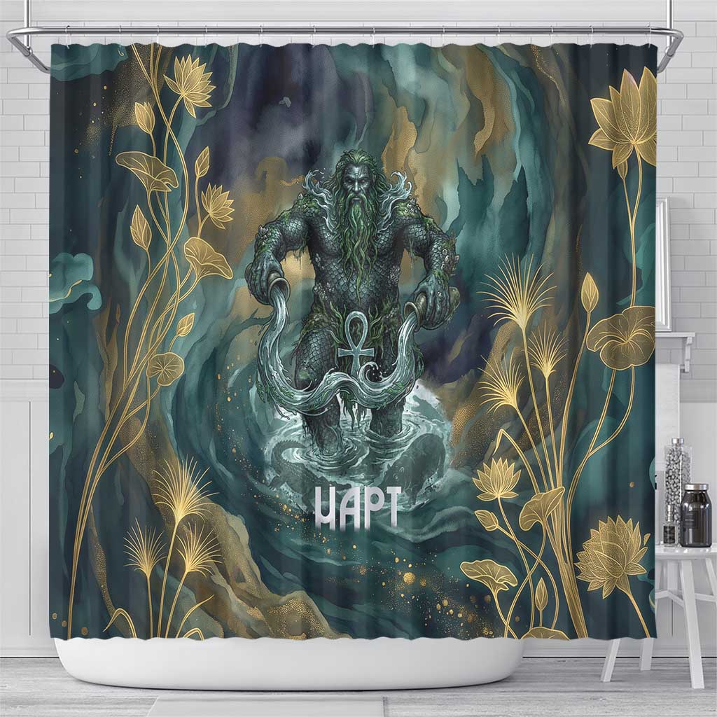 Egyptian Hapi Shower Curtain God of the Nile Ankh Symbol Lotus Flowers and Sacred River Energy