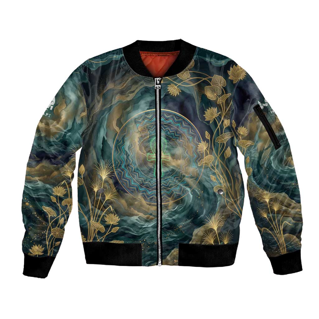 Egyptian Hapi Sleeve Zip Bomber Jacket God of the Nile Ankh Symbol Lotus Flowers and Sacred River Energy