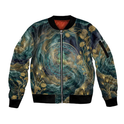 Egyptian Hapi Sleeve Zip Bomber Jacket God of the Nile Ankh Symbol Lotus Flowers and Sacred River Energy