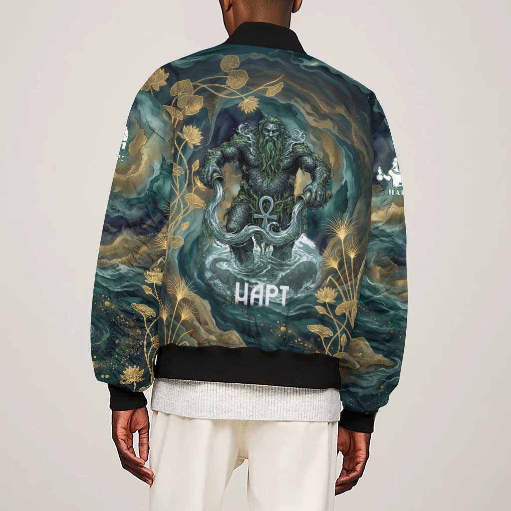 Egyptian Hapi Sleeve Zip Bomber Jacket God of the Nile Ankh Symbol Lotus Flowers and Sacred River Energy