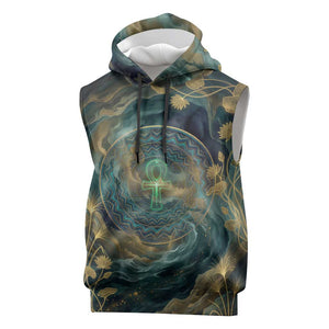 Egyptian Hapi Sleeveless Hoodie God of the Nile Ankh Symbol Lotus Flowers and Sacred River Energy