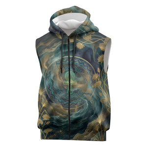 Egyptian Hapi Sleeveless Zip Hoodie God of the Nile Ankh Symbol Lotus Flowers and Sacred River Energy