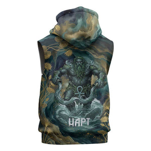 Egyptian Hapi Sleeveless Zip Hoodie God of the Nile Ankh Symbol Lotus Flowers and Sacred River Energy