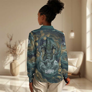 Egyptian Hapi Women Casual Shirt God of the Nile Ankh Symbol Lotus Flowers and Sacred River Energy