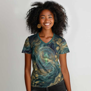 Egyptian Hapi Women V-Neck T-Shirt God of the Nile Ankh Symbol Lotus Flowers and Sacred River Energy