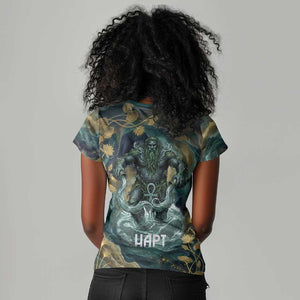 Egyptian Hapi Women V-Neck T-Shirt God of the Nile Ankh Symbol Lotus Flowers and Sacred River Energy