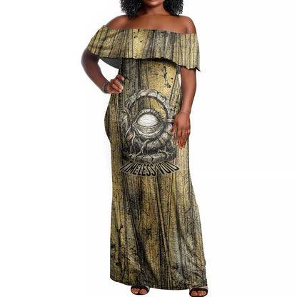Heh and Hauhet Egyptian Off Shoulder Maxi Dress Timeless Gods Design Infinity Serpent and Divine Balance Ancient