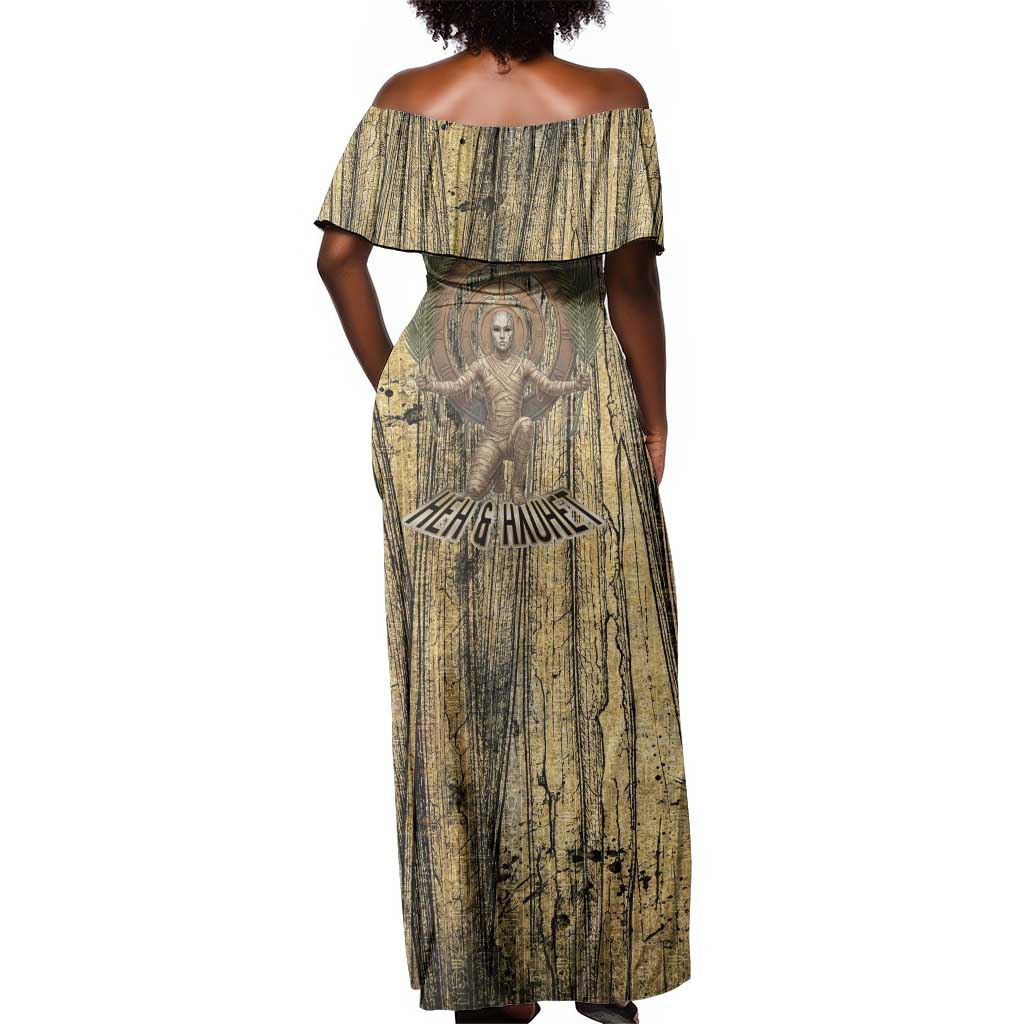 Heh and Hauhet Egyptian Off Shoulder Maxi Dress Timeless Gods Design Infinity Serpent and Divine Balance Ancient