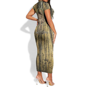 Heh and Hauhet Egyptian Short Sleeve Bodycon Dress Timeless Gods Design Infinity Serpent and Divine Balance Ancient