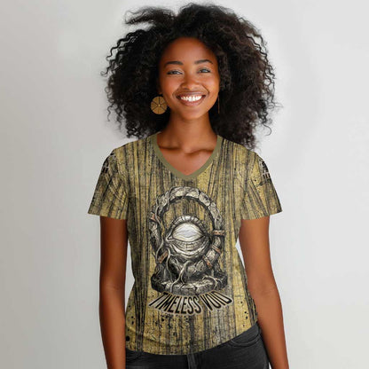 Heh and Hauhet Egyptian Women V-Neck T-Shirt Timeless Gods Design Infinity Serpent and Divine Balance Ancient
