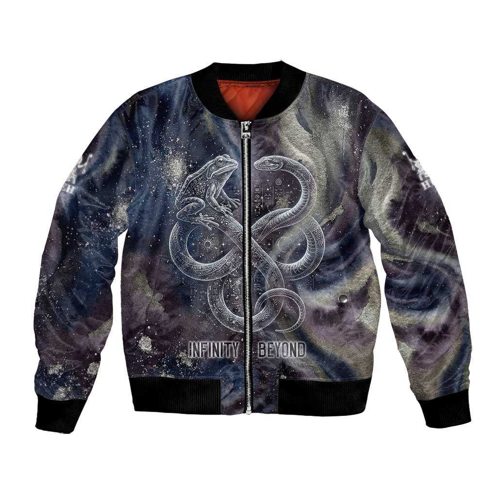 Egyptian Heh and Hauhet Bomber Jacket Serpent Duo Design Cosmic Infinity and Eternal Balance Motif