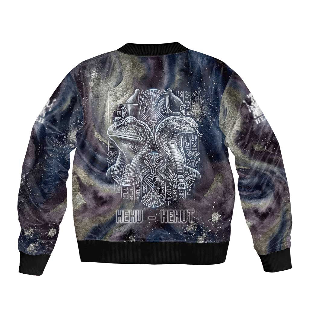 Egyptian Heh and Hauhet Bomber Jacket Serpent Duo Design Cosmic Infinity and Eternal Balance Motif