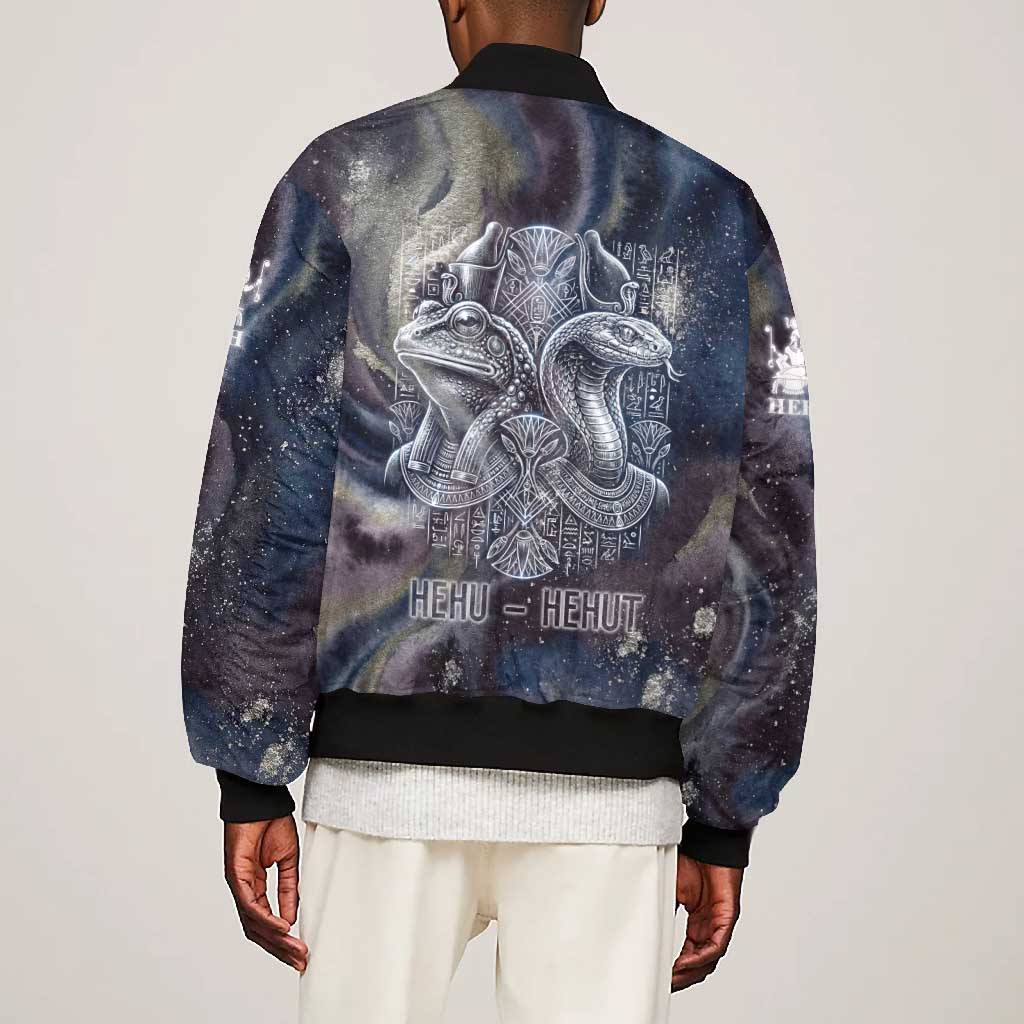 Egyptian Heh and Hauhet Bomber Jacket Serpent Duo Design Cosmic Infinity and Eternal Balance Motif