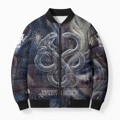 Egyptian Heh and Hauhet Bomber Puffer Jacket Serpent Duo Design Cosmic Infinity and Eternal Balance Motif
