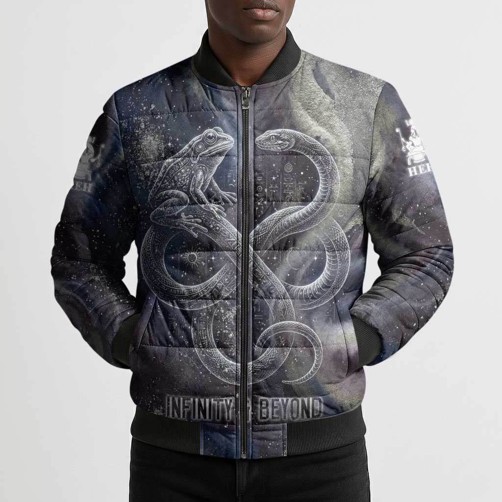 Egyptian Heh and Hauhet Bomber Puffer Jacket Serpent Duo Design Cosmic Infinity and Eternal Balance Motif