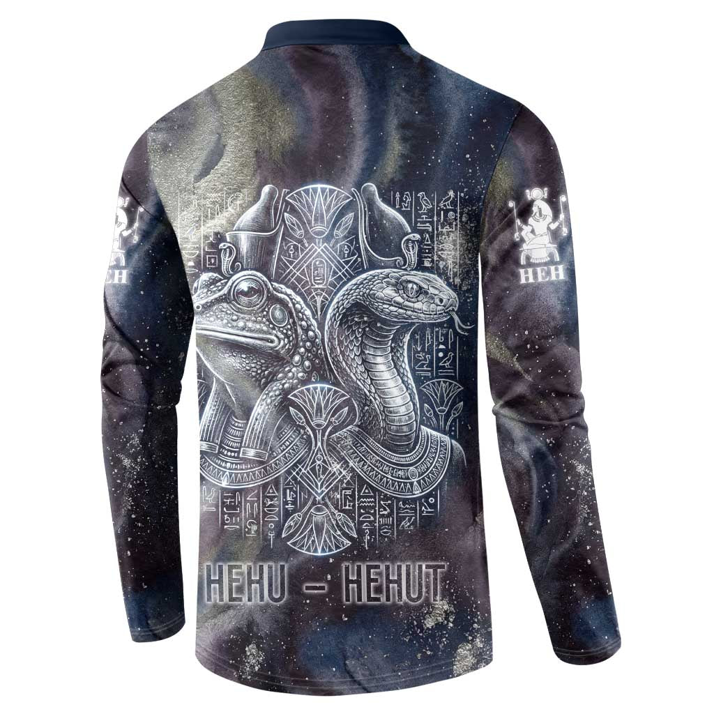 Egyptian Heh and Hauhet Button Sweatshirt Serpent Duo Design Cosmic Infinity and Eternal Balance Motif