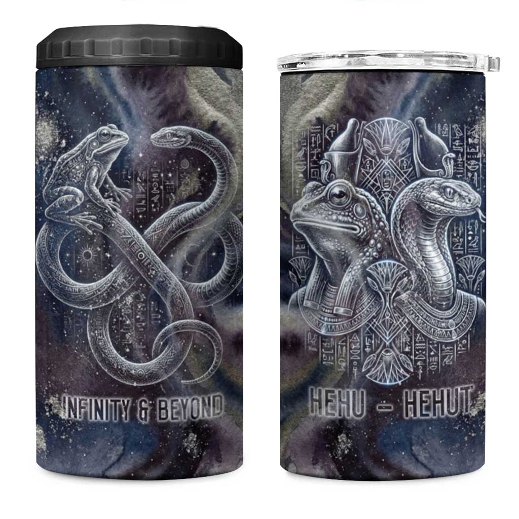 Egyptian Heh and Hauhet 4 in 1 Can Cooler Tumbler Serpent Duo Design Cosmic Infinity and Eternal Balance Motif