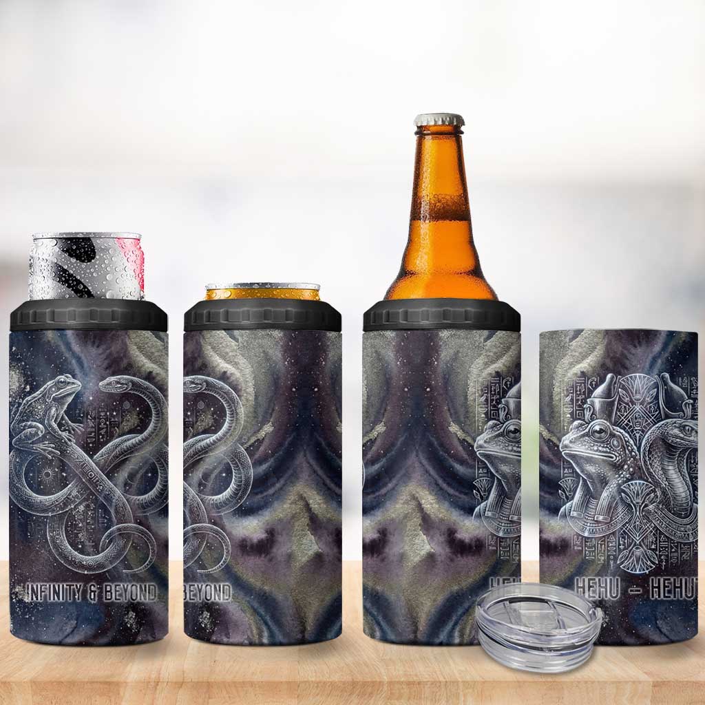 Egyptian Heh and Hauhet 4 in 1 Can Cooler Tumbler Serpent Duo Design Cosmic Infinity and Eternal Balance Motif