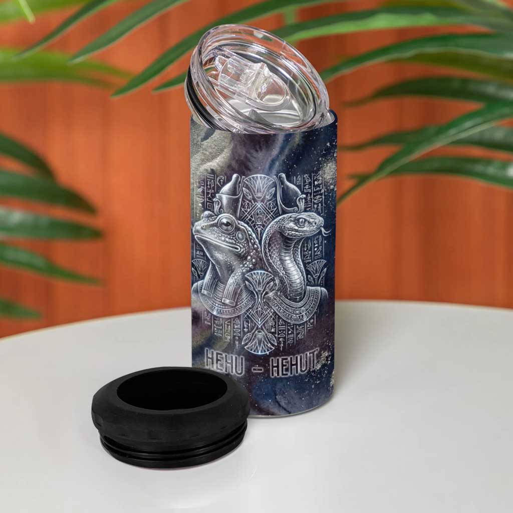 Egyptian Heh and Hauhet 4 in 1 Can Cooler Tumbler Serpent Duo Design Cosmic Infinity and Eternal Balance Motif
