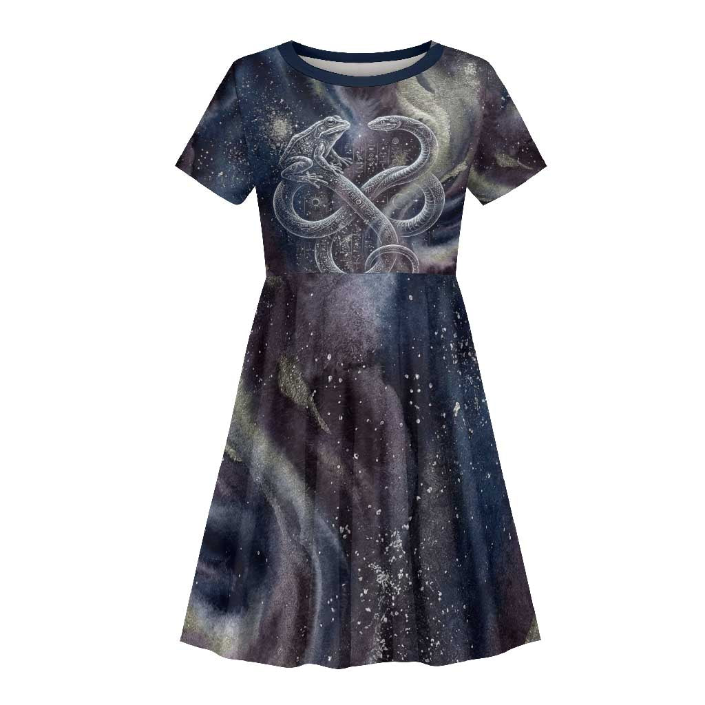 Egyptian Heh and Hauhet Kid Short Sleeve Dress Serpent Duo Design Cosmic Infinity and Eternal Balance Motif