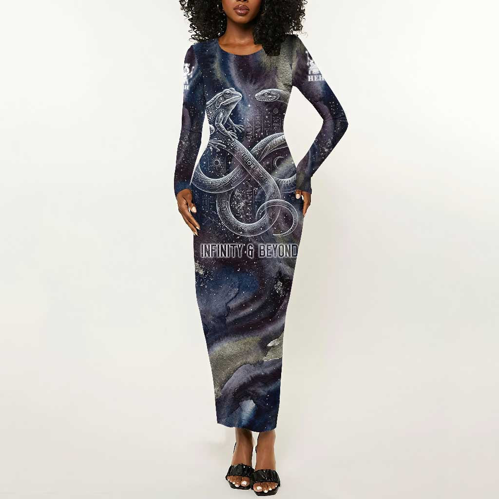 Egyptian Heh and Hauhet Long Sleeve Bodycon Dress Serpent Duo Design Cosmic Infinity and Eternal Balance Motif