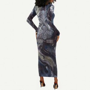 Egyptian Heh and Hauhet Long Sleeve Bodycon Dress Serpent Duo Design Cosmic Infinity and Eternal Balance Motif