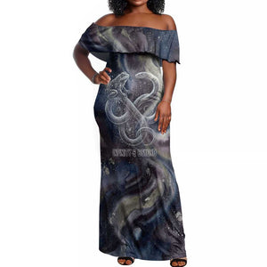 Egyptian Heh and Hauhet Off Shoulder Maxi Dress Serpent Duo Design Cosmic Infinity and Eternal Balance Motif