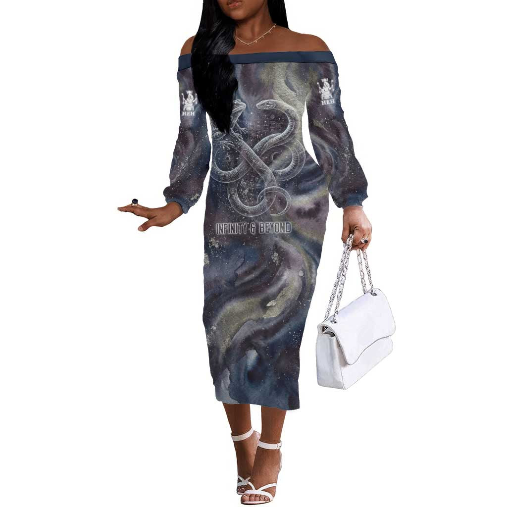 Egyptian Heh and Hauhet Off The Shoulder Long Sleeve Dress Serpent Duo Design Cosmic Infinity and Eternal Balance Motif