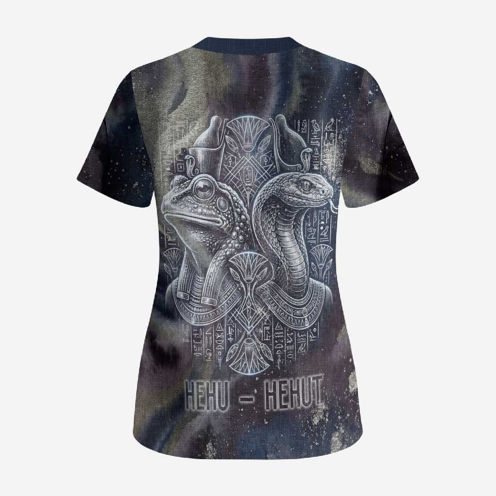 Egyptian Heh and Hauhet Scrub Top Serpent Duo Design Cosmic Infinity and Eternal Balance Motif
