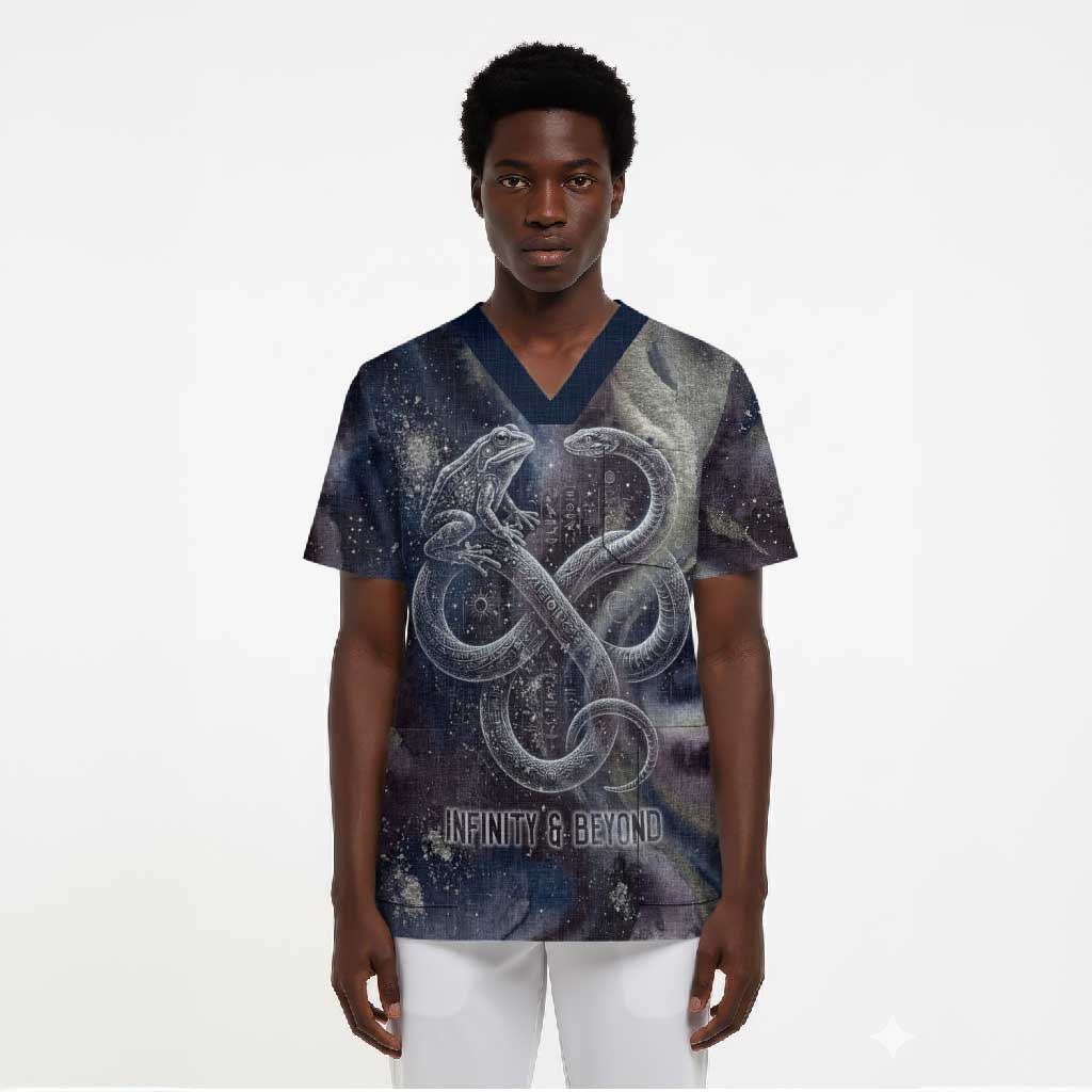 Egyptian Heh and Hauhet Scrub Top Serpent Duo Design Cosmic Infinity and Eternal Balance Motif