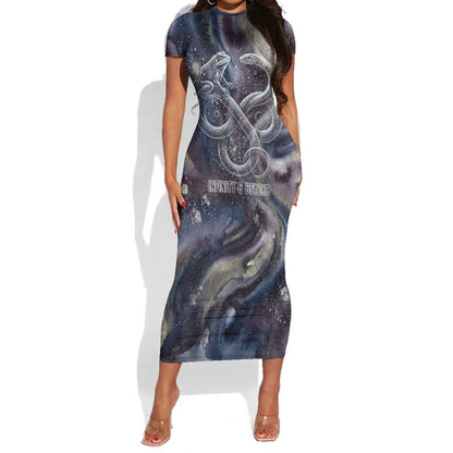 Egyptian Heh and Hauhet Short Sleeve Bodycon Dress Serpent Duo Design Cosmic Infinity and Eternal Balance Motif