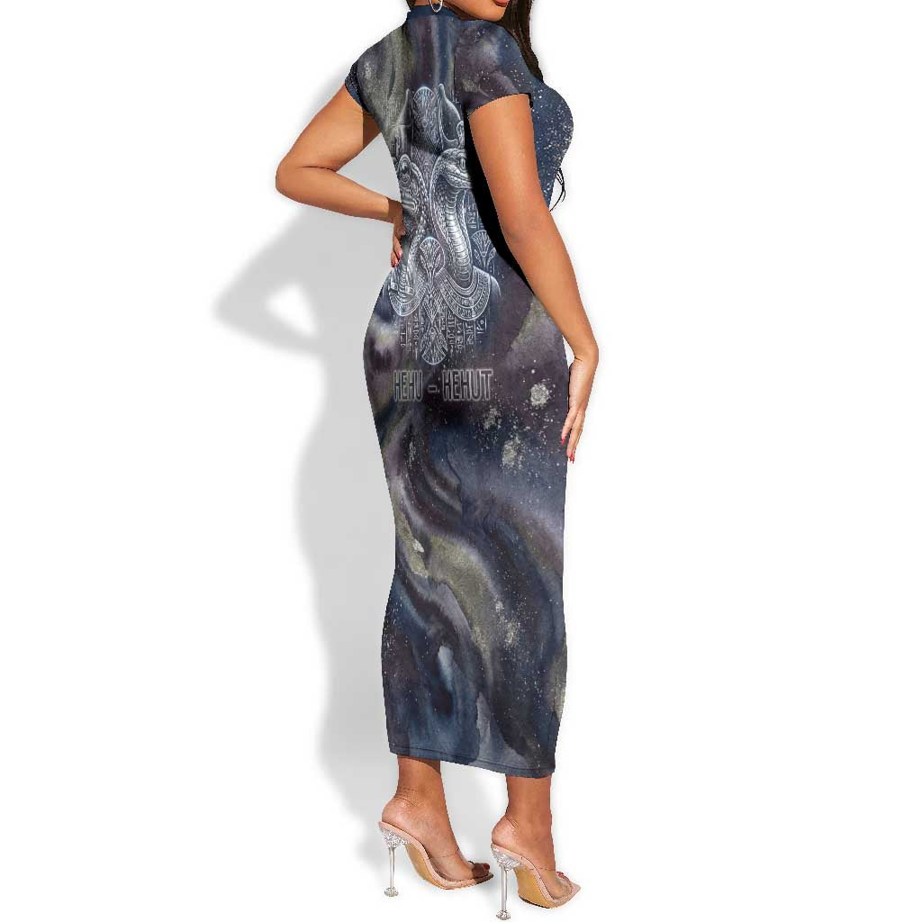 Egyptian Heh and Hauhet Short Sleeve Bodycon Dress Serpent Duo Design Cosmic Infinity and Eternal Balance Motif