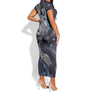 Egyptian Heh and Hauhet Short Sleeve Bodycon Dress Serpent Duo Design Cosmic Infinity and Eternal Balance Motif