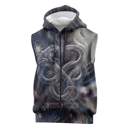 Egyptian Heh and Hauhet Sleeveless Zip Hoodie Serpent Duo Design Cosmic Infinity and Eternal Balance Motif