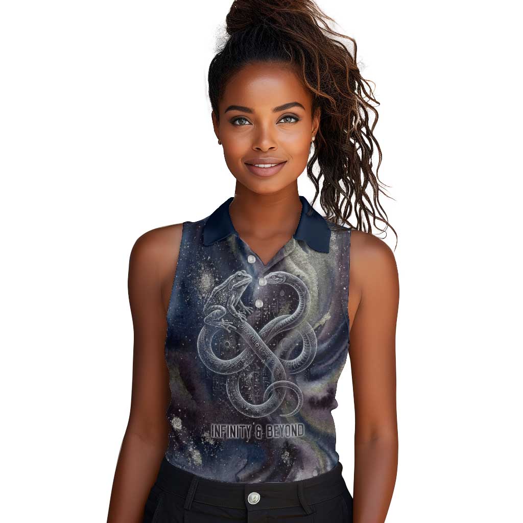Egyptian Heh and Hauhet Women Sleeveless Polo Shirt Serpent Duo Design Cosmic Infinity and Eternal Balance Motif