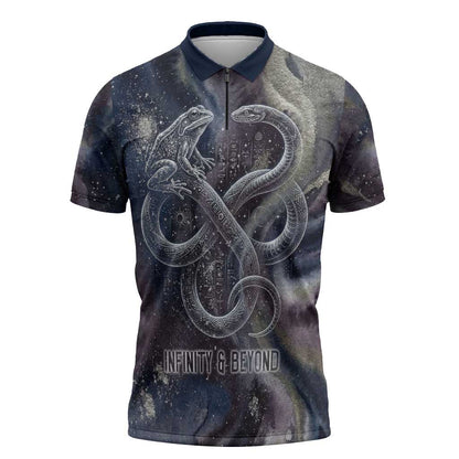 Egyptian Heh and Hauhet Zipper Polo Shirt Serpent Duo Design Cosmic Infinity and Eternal Balance Motif