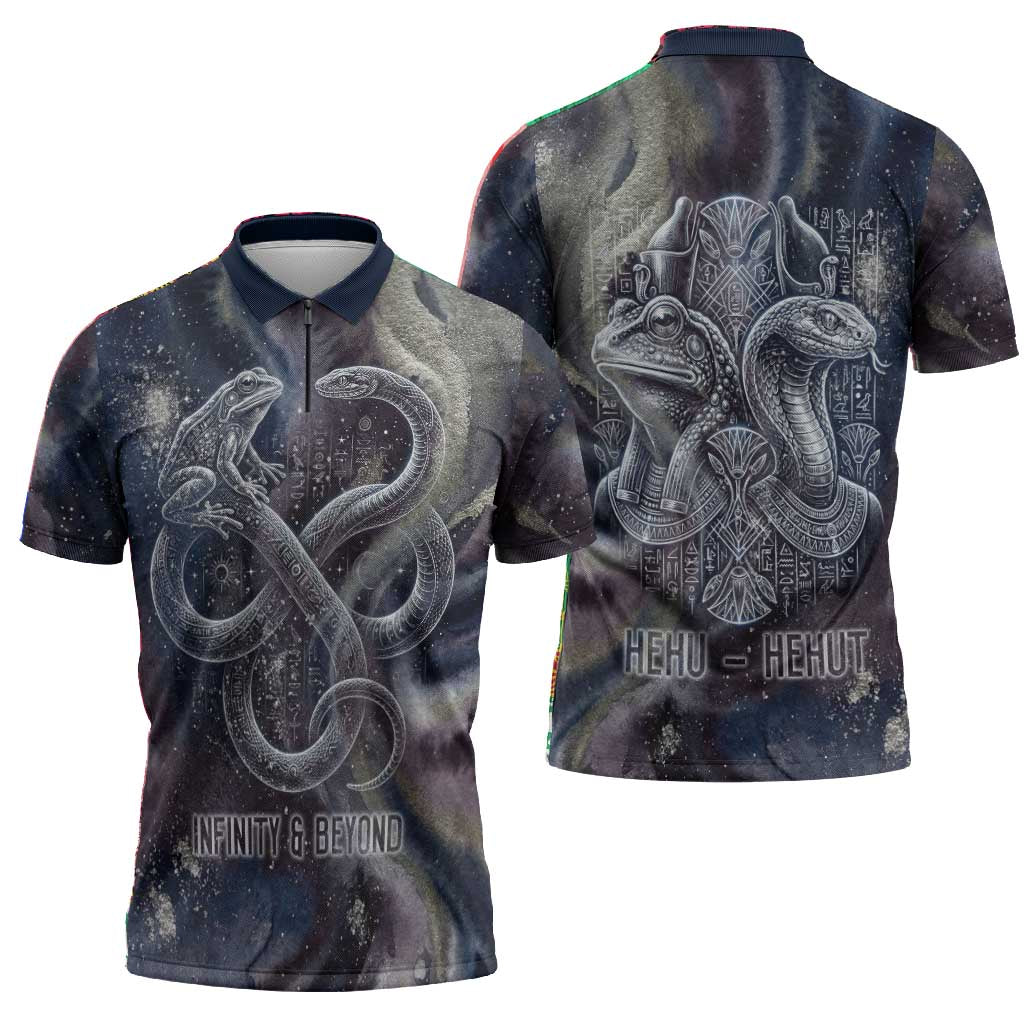 Egyptian Heh and Hauhet Zipper Polo Shirt Serpent Duo Design Cosmic Infinity and Eternal Balance Motif