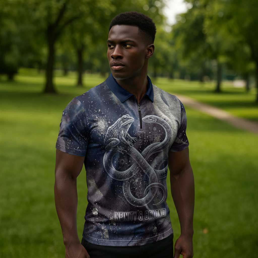 Egyptian Heh and Hauhet Zipper Polo Shirt Serpent Duo Design Cosmic Infinity and Eternal Balance Motif