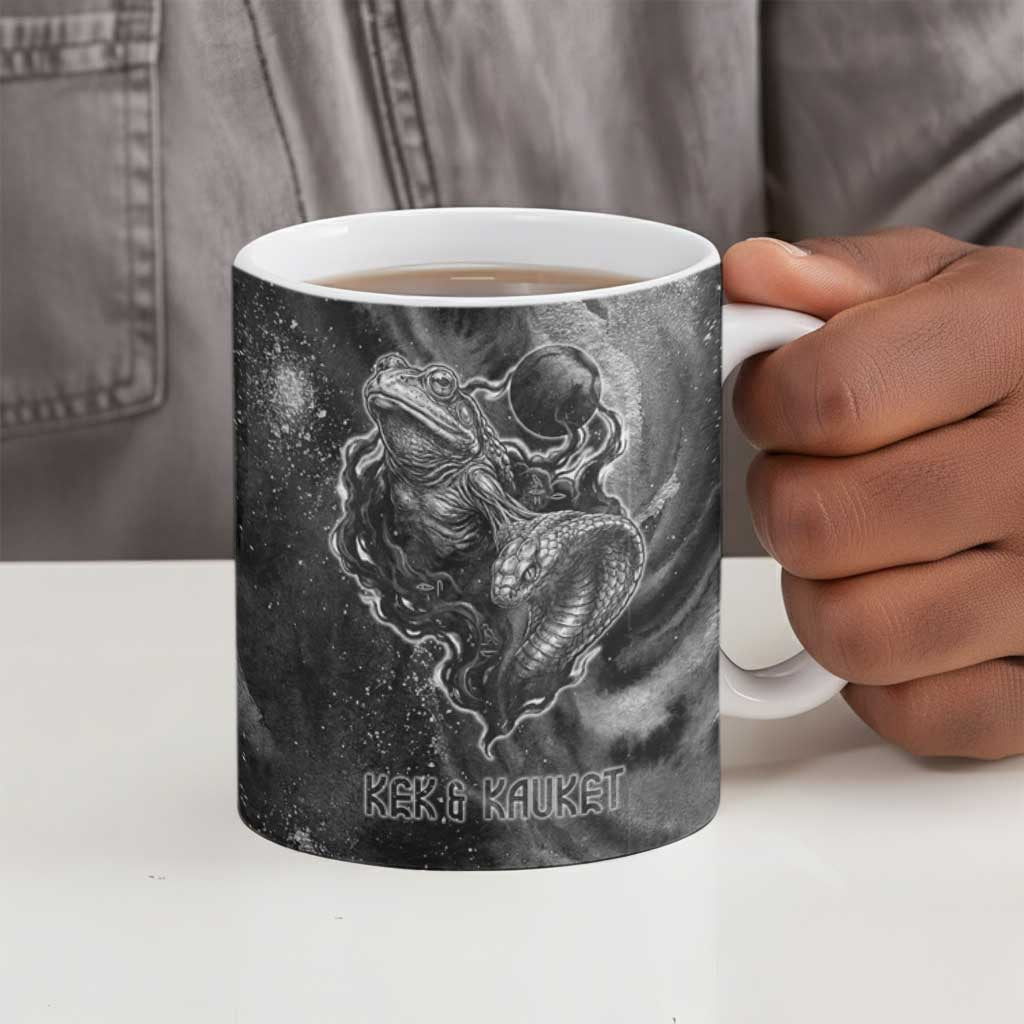 Kek and Kauket Egyptian Ceramic Mug Primordial Darkness Design Cosmic Frogs and Serpents