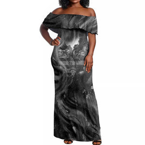 Kek and Kauket Egyptian Off Shoulder Maxi Dress Primordial Darkness Design Cosmic Frogs and Serpents