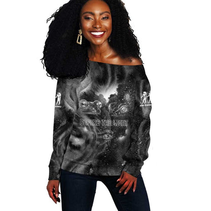 Kek and Kauket Egyptian Off Shoulder Sweater Primordial Darkness Design Cosmic Frogs and Serpents