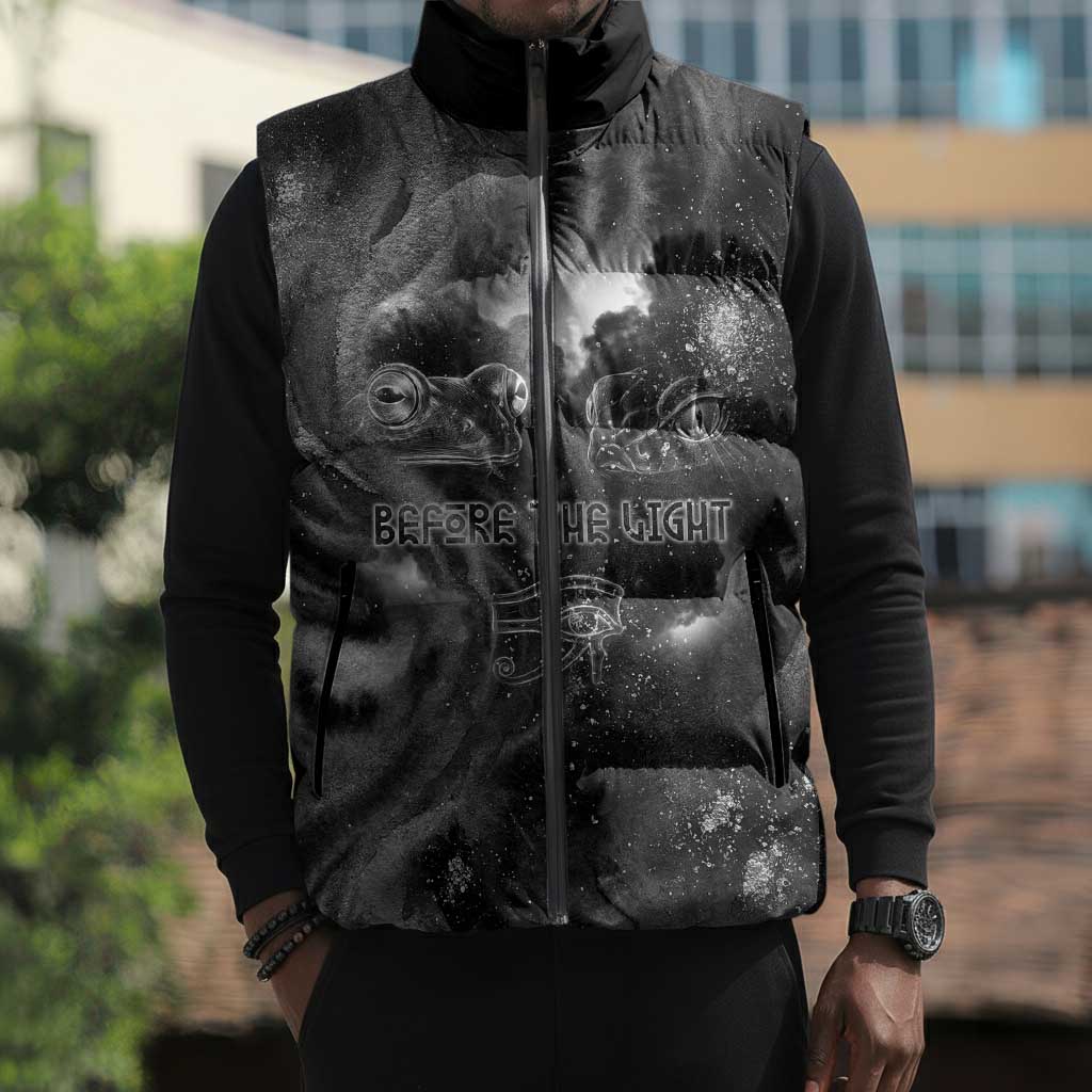 Kek and Kauket Egyptian Sleeveless Puffer Jacket Primordial Darkness Design Cosmic Frogs and Serpents